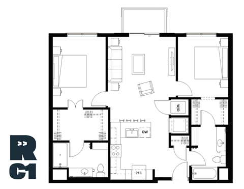 Floor plan for 2 beds, 2 baths, 1047 sqft